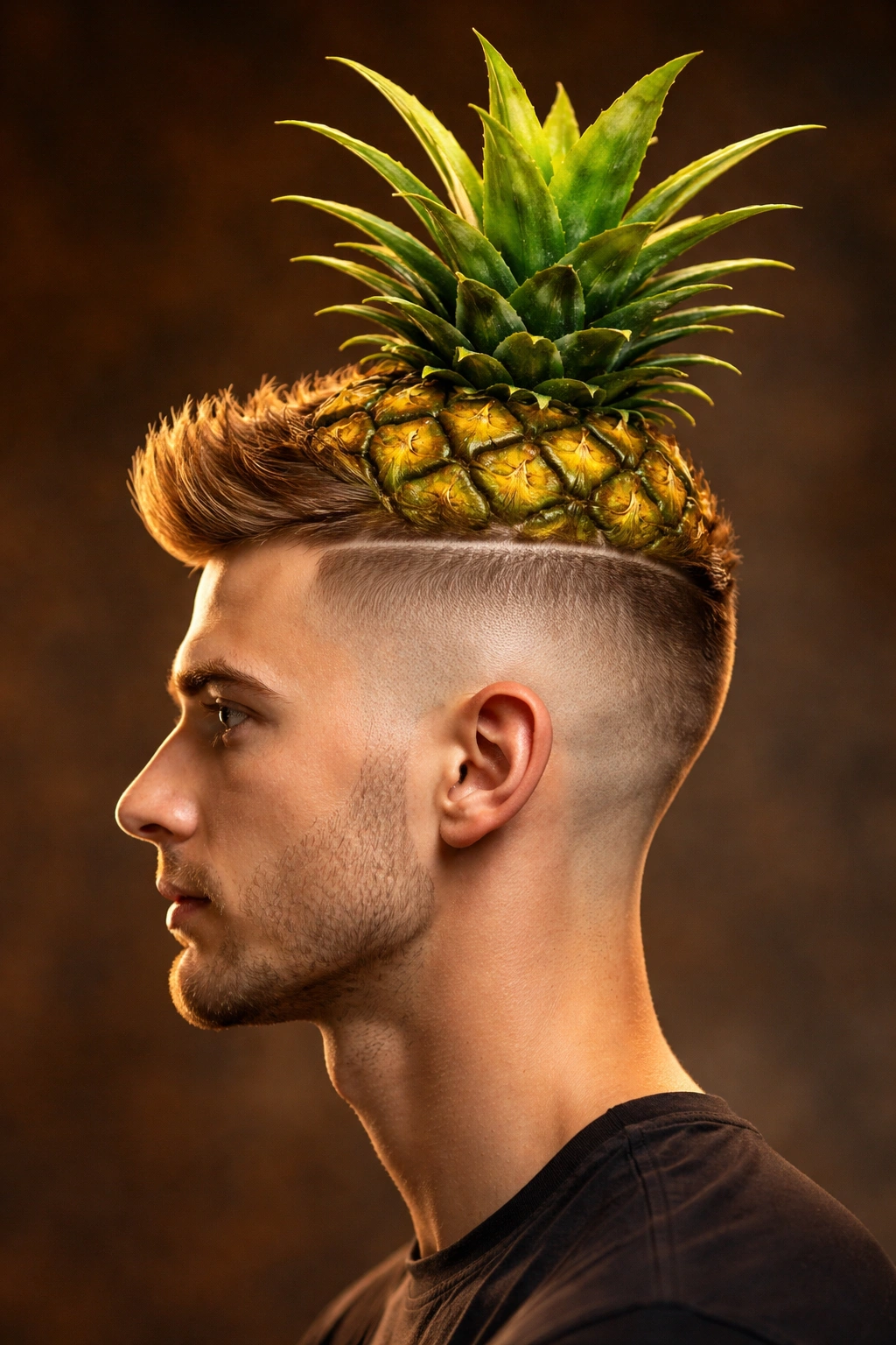 Head profile with pineapple-shaped top hair and buzzed sides