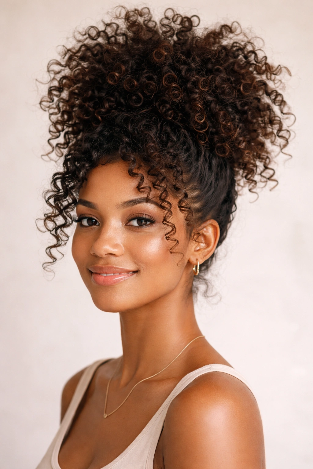 Close-up of Pineapple Updo with high crown of curls and face-framing strands