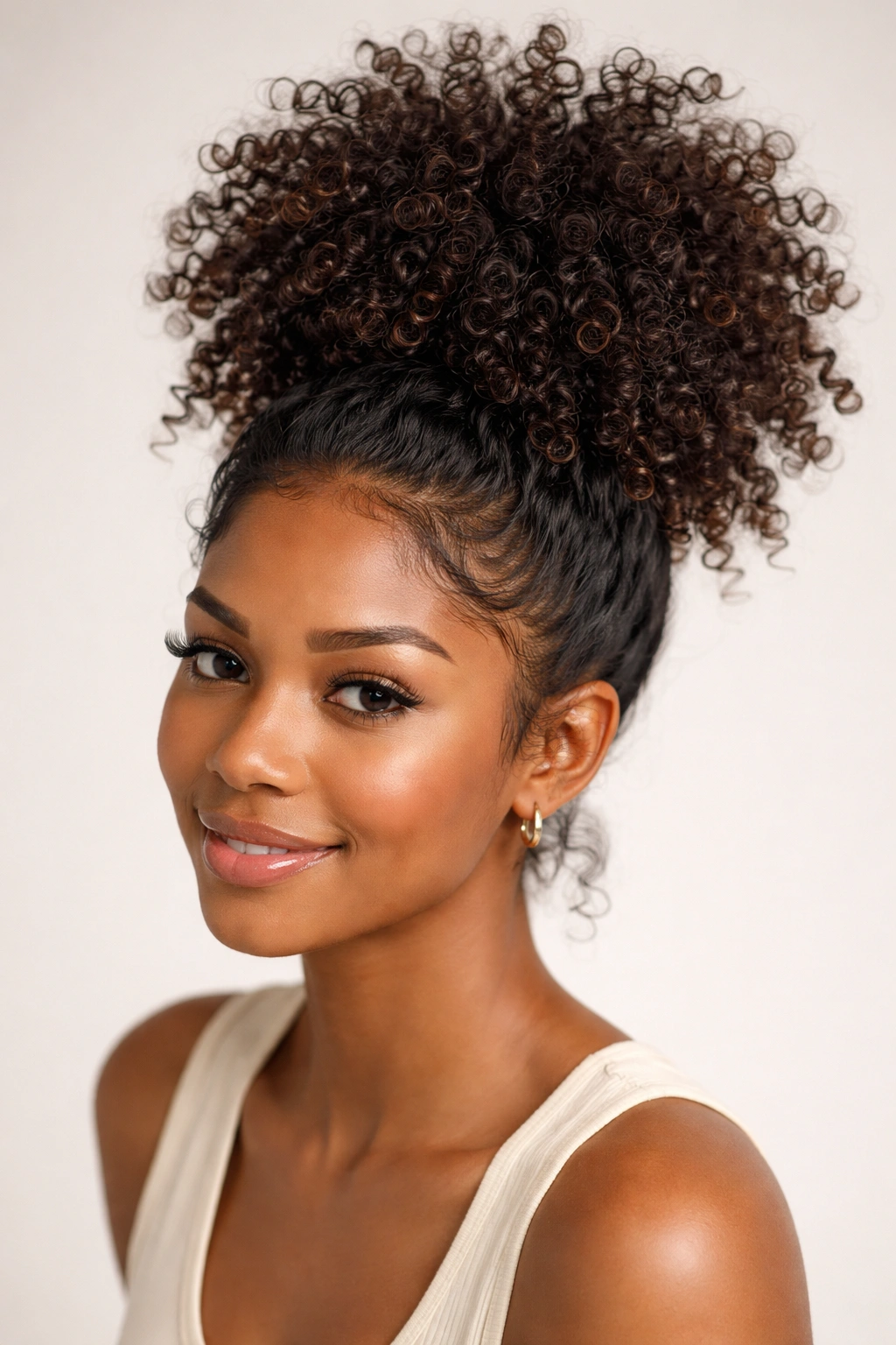 Pineapple updo with crown puff on curly hair, studio lighting