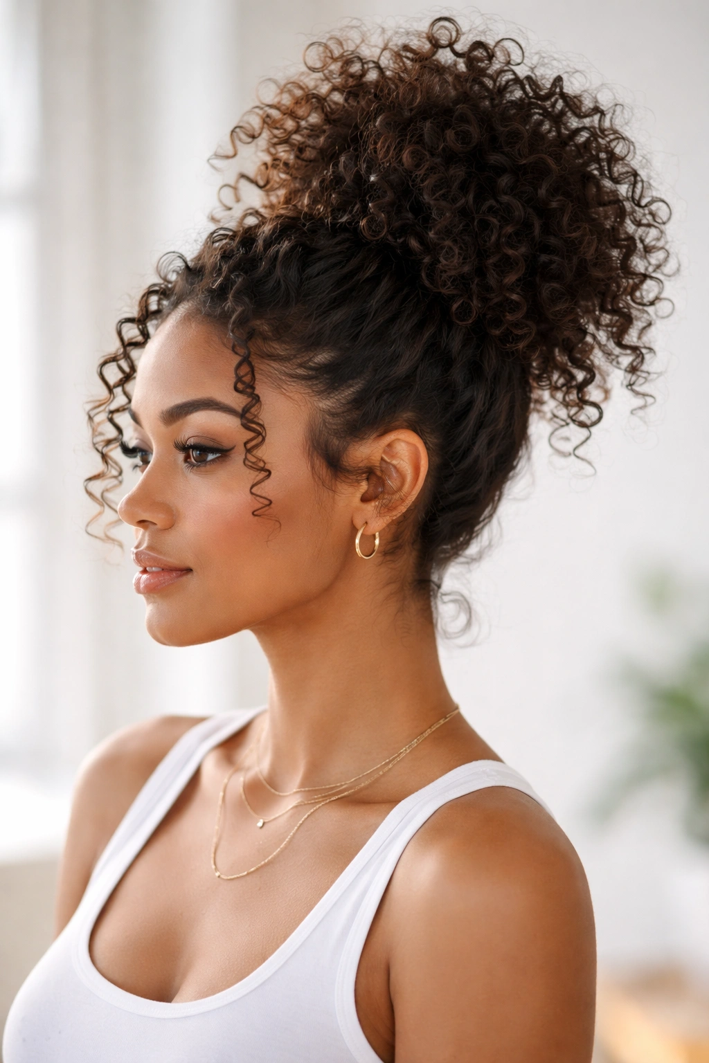 Pineapple updo hairstyle with high crown and loose curls around the face