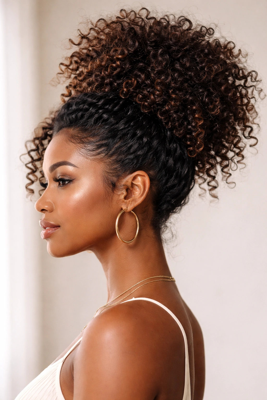 Pineapple updo hairstyle with curls piled high on the crown