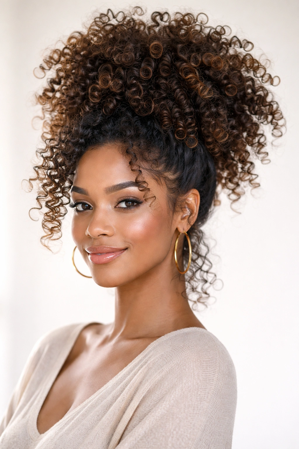 Pineapple updo with curls piled at the crown and cascading around.