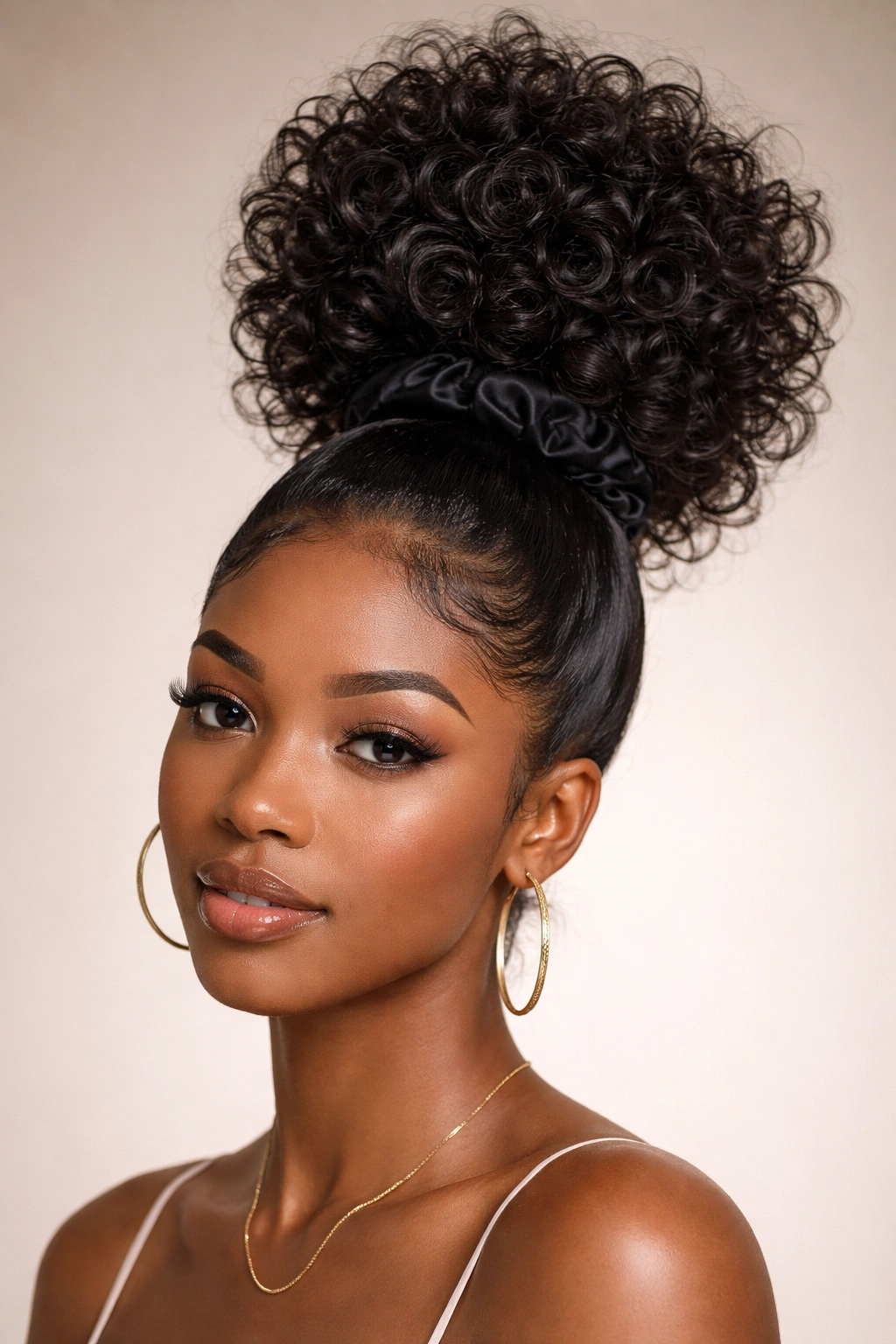 Close-up of classic high pineapple wrap hairstyle with crown waves