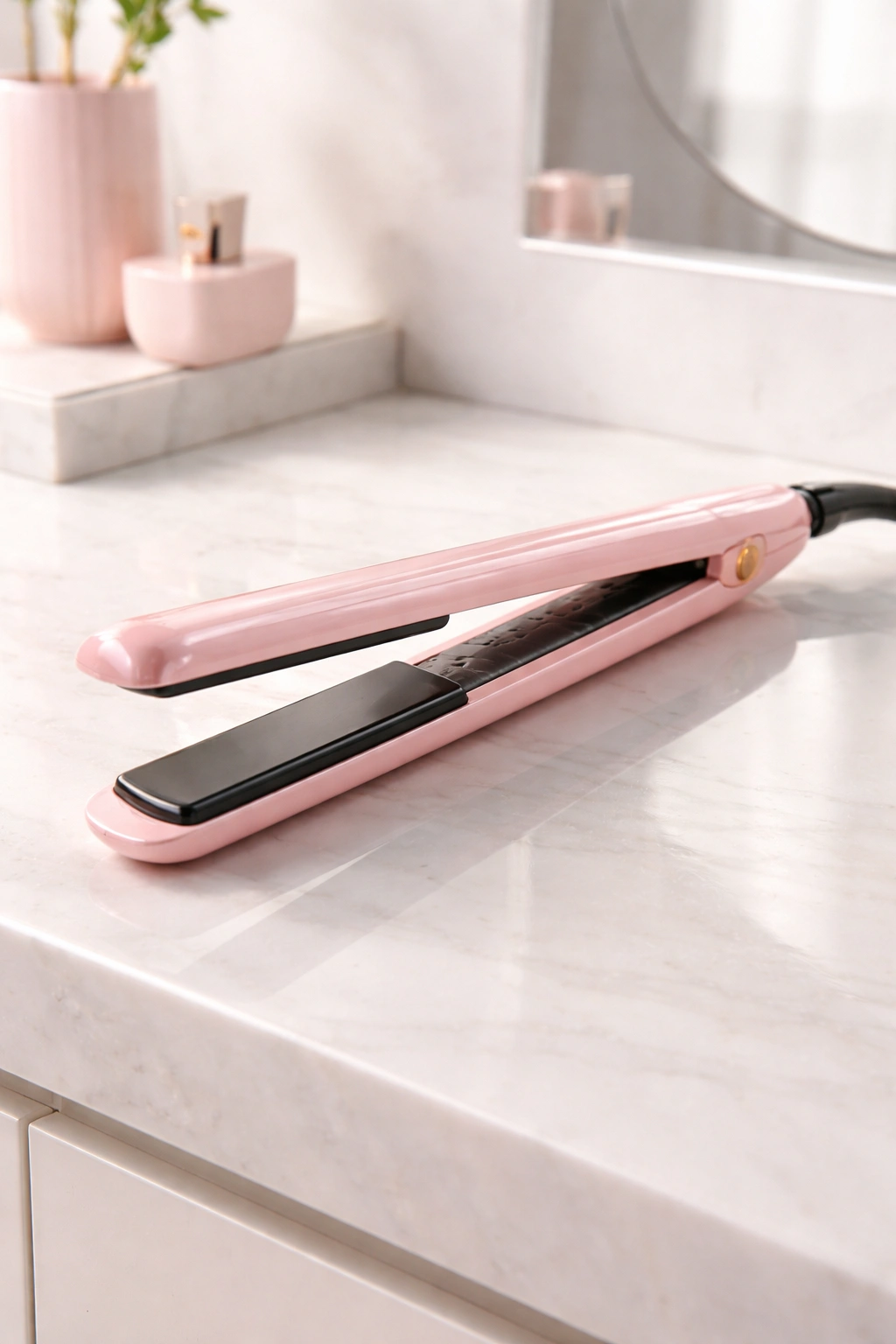 Pink ceramic hair straightener on bathroom counter