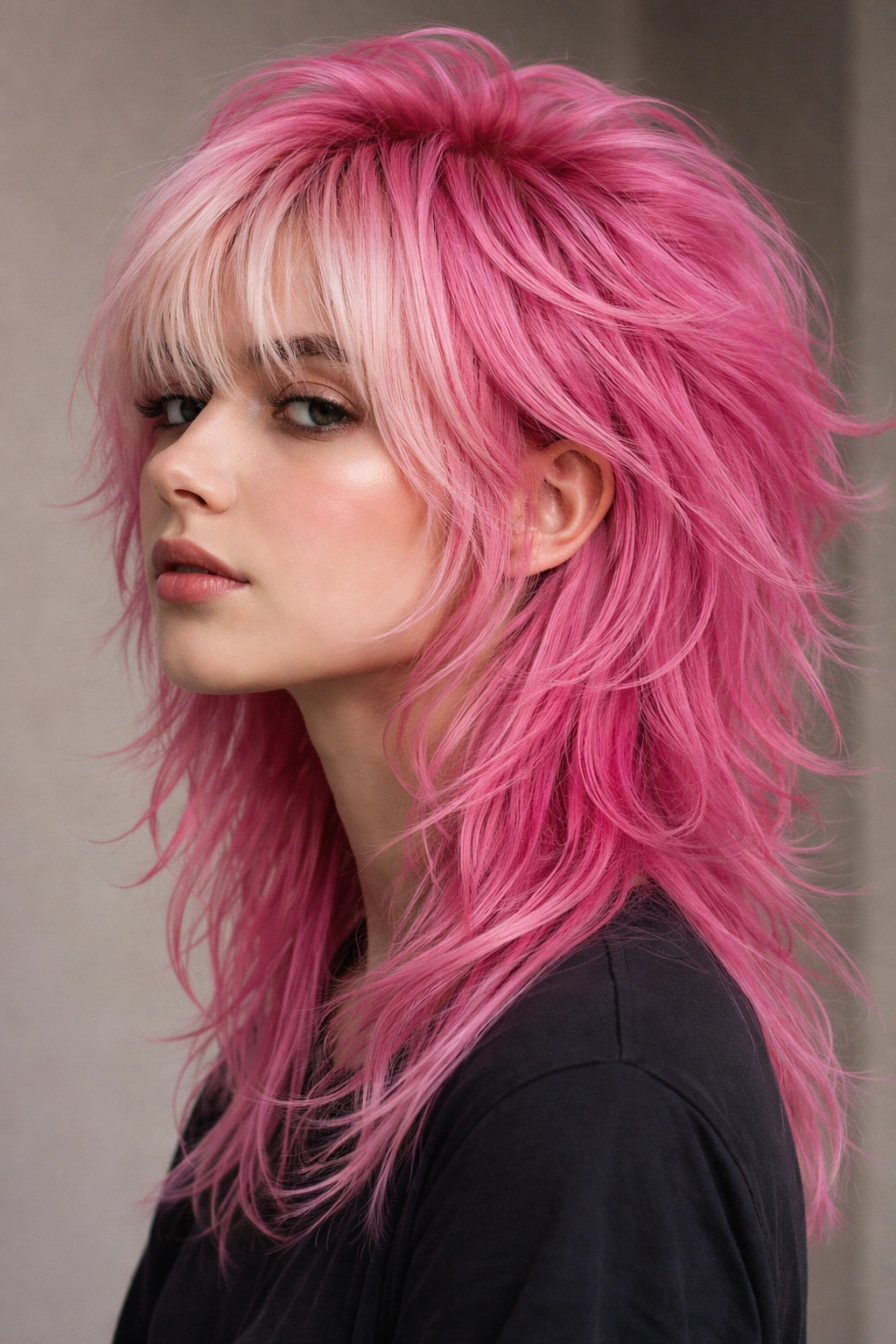 Bubblegum pink shag mullet with textured layers and vibrant color