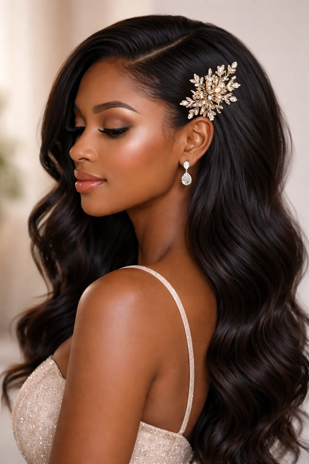 Long hair pinned back with a decorative clip, showing soft waves