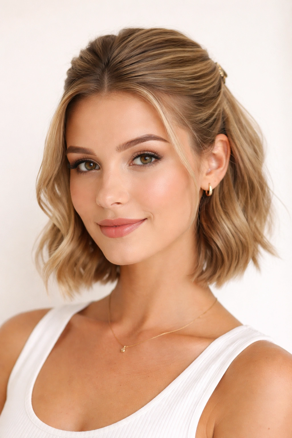 Front section brushed back and pinned to create a half-up look