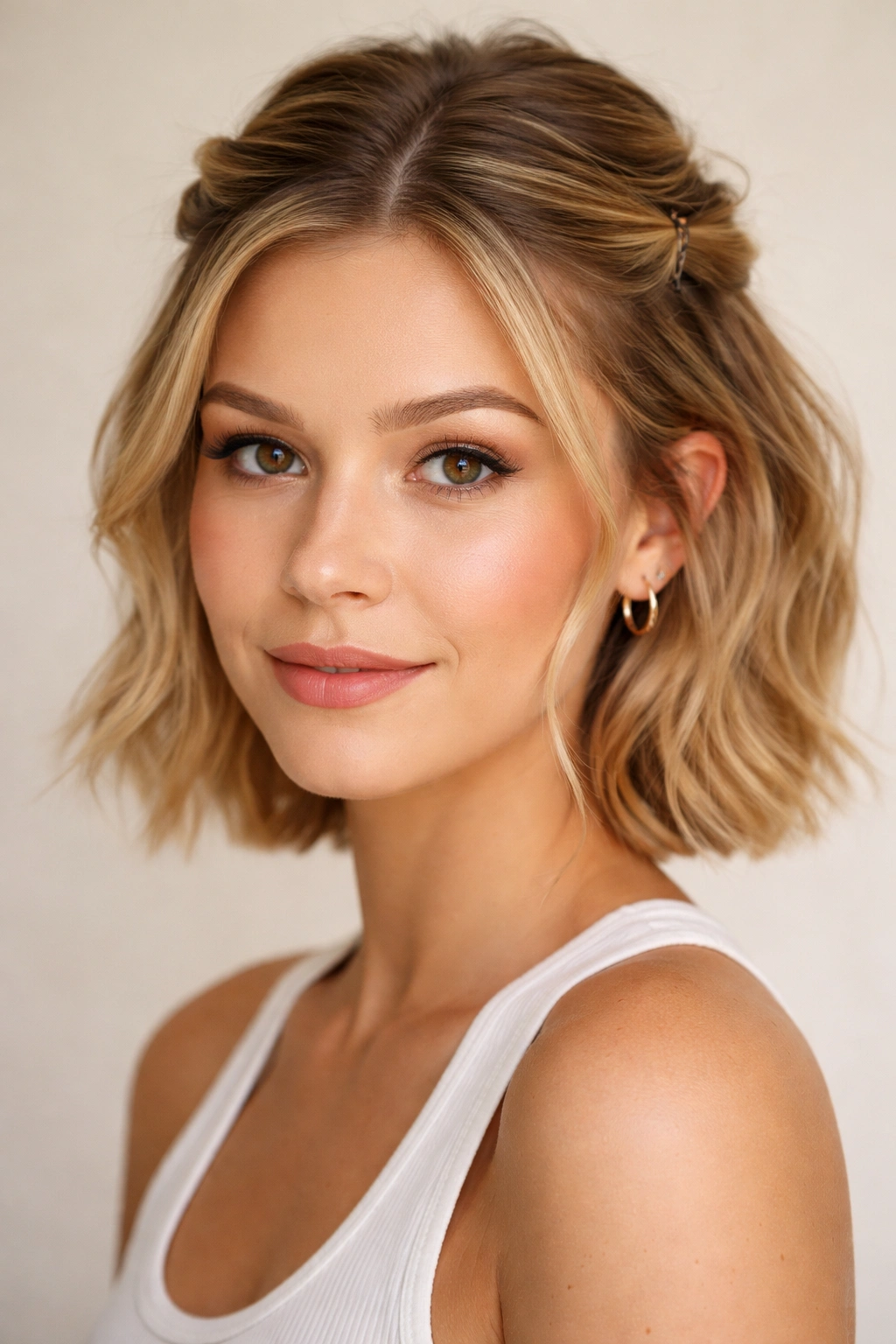 Close-up of a short-haired model with pinned pieces half-up hairstyle