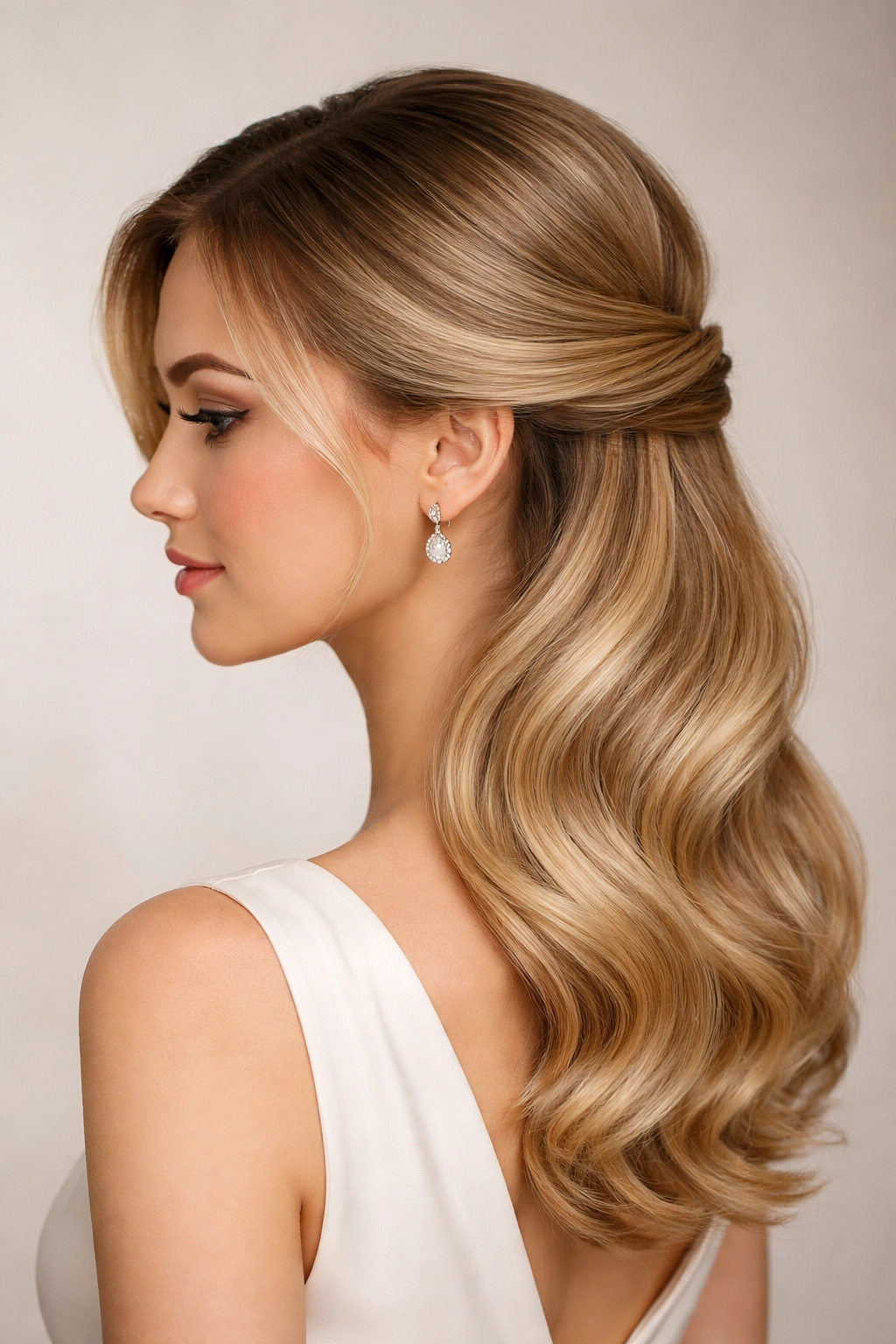 Close-up side profile of a pinned side sweep hairstyle with hidden pins and glossy hair