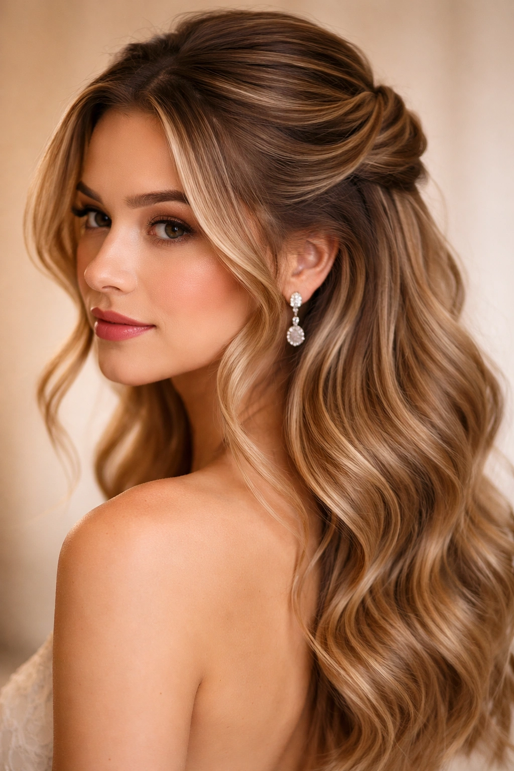 Pinned waves at crown for wavy or straight hair creating lift and movement.