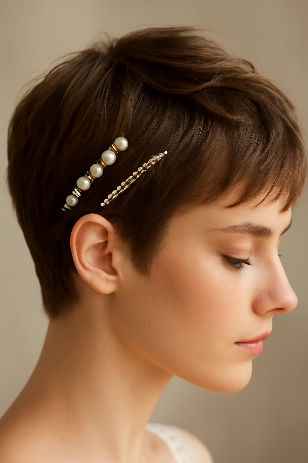 8 Wedding Hairstyles That Flatter Pixie Cuts 10 Pixie hairstyle with pearl clips and metallic comb