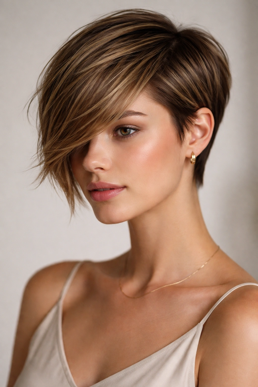Close-up portrait of Side-Swept Pixie With Longer Sides showing asymmetrical haircut with longer swept side