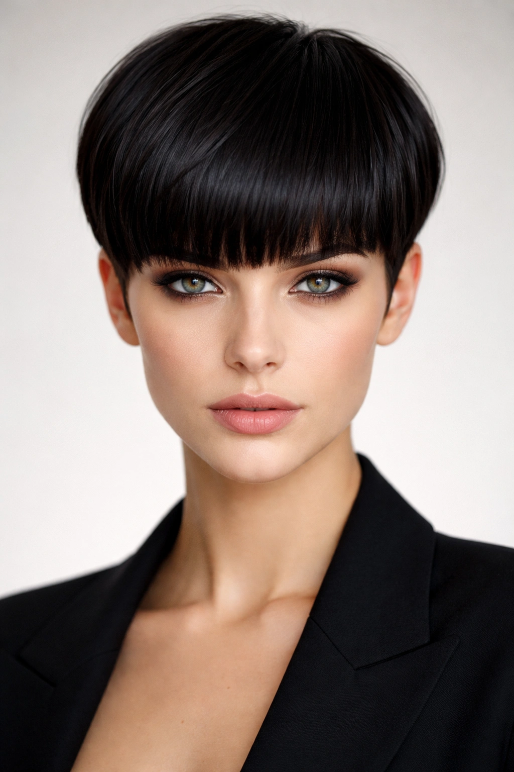 Pixie cut with blunt full bangs creating a bold, fashion-forward look