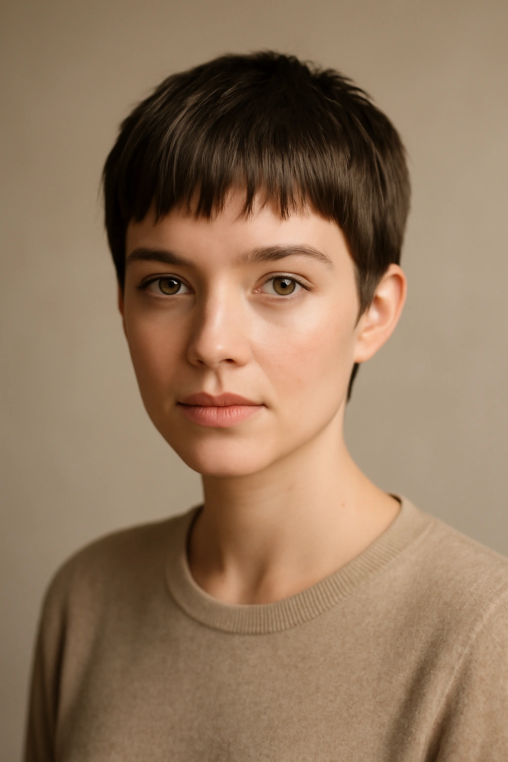 Portrait of a model with a pixie cut and bangs