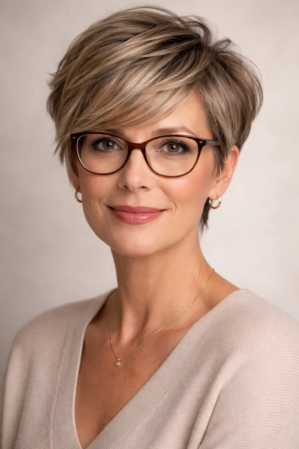 Close-up of a face-framing pixie with side-swept bangs and glasses