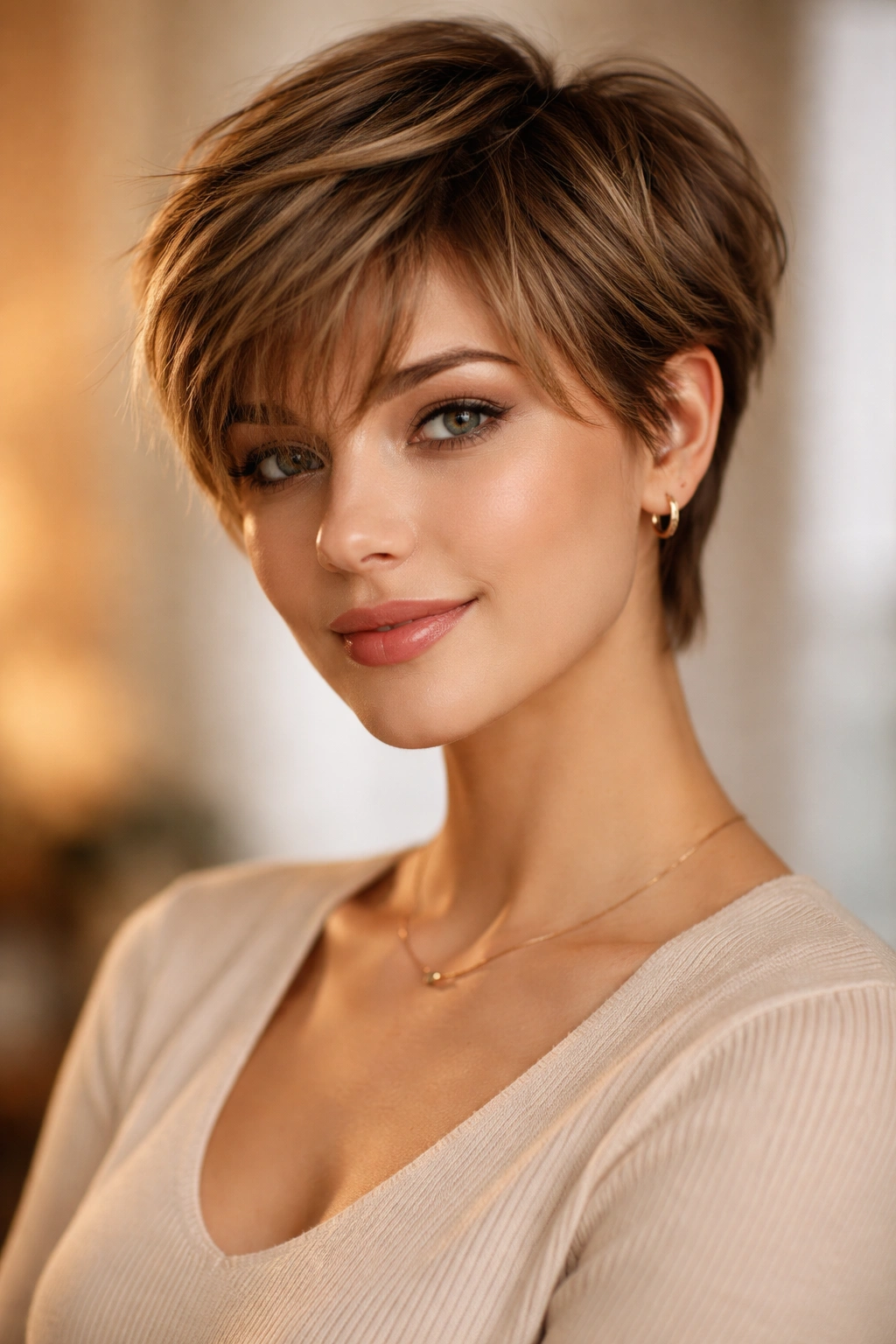 Close-up of soft layered pixie with wispy bangs showing volume and movement