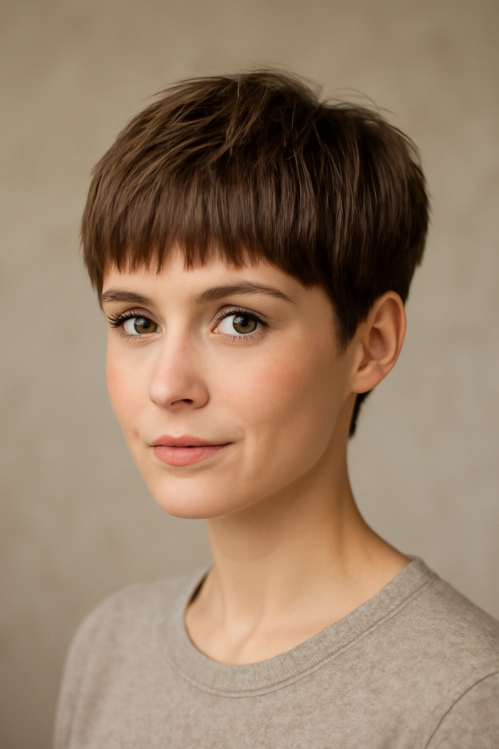 15 Short Pixie Cuts That Glow Up Your Look After 30 5 Portrait of a woman with a longer pixie and blunt bangs framing the forehead
