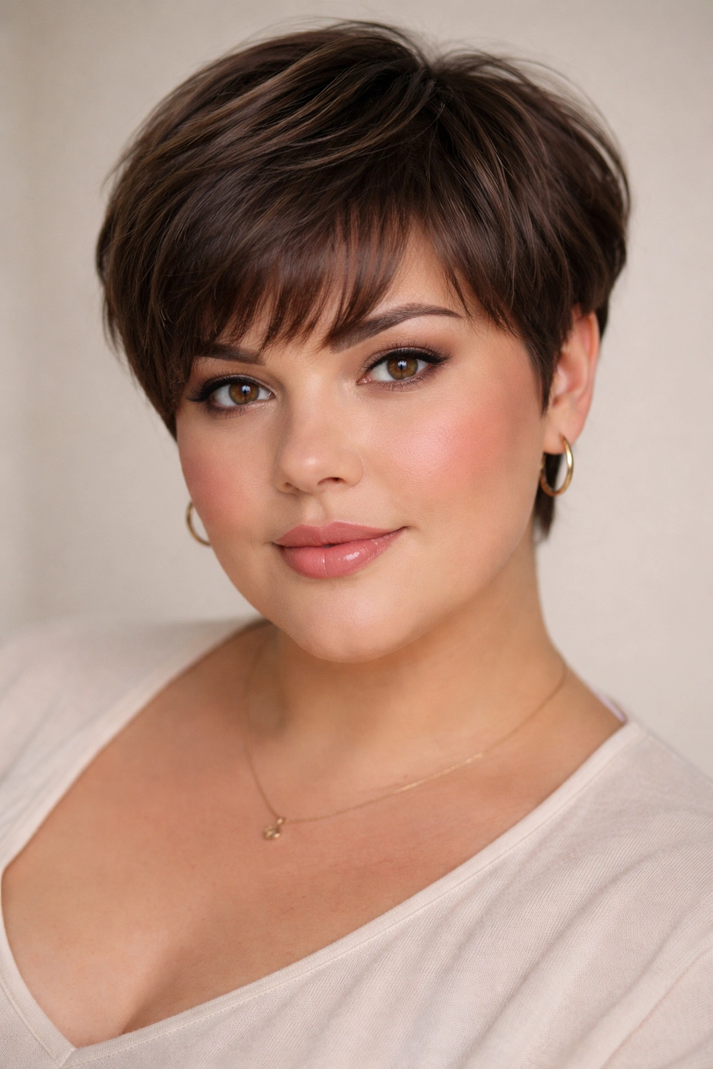 Close-up portrait of a plus-size woman with a soft pixie cut and bangs