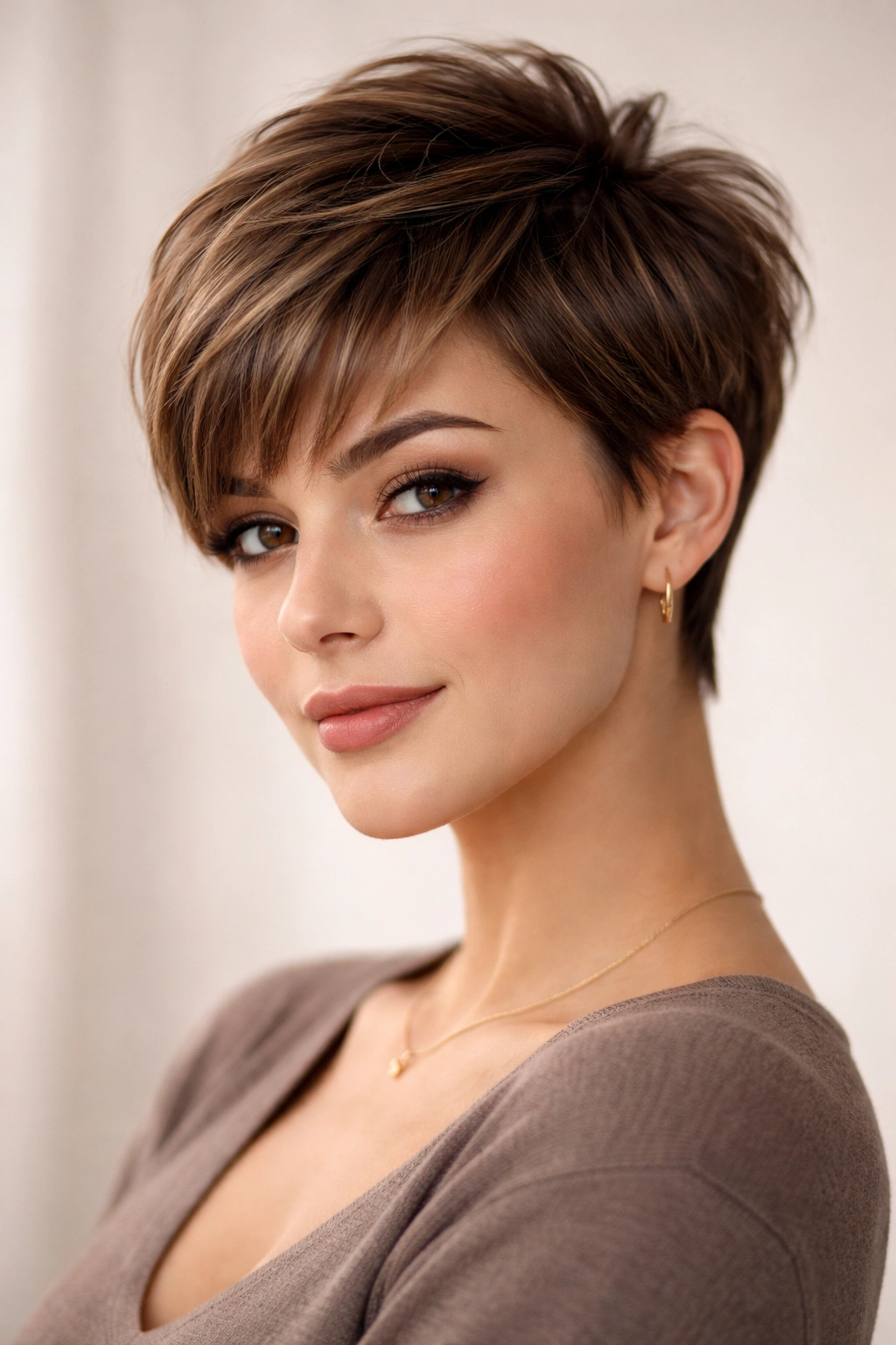 12 Pixie Haircuts With Bangs For Round Faces 1 Head-and-shoulders portrait of a person with a pixie cut and bangs highlighting top height