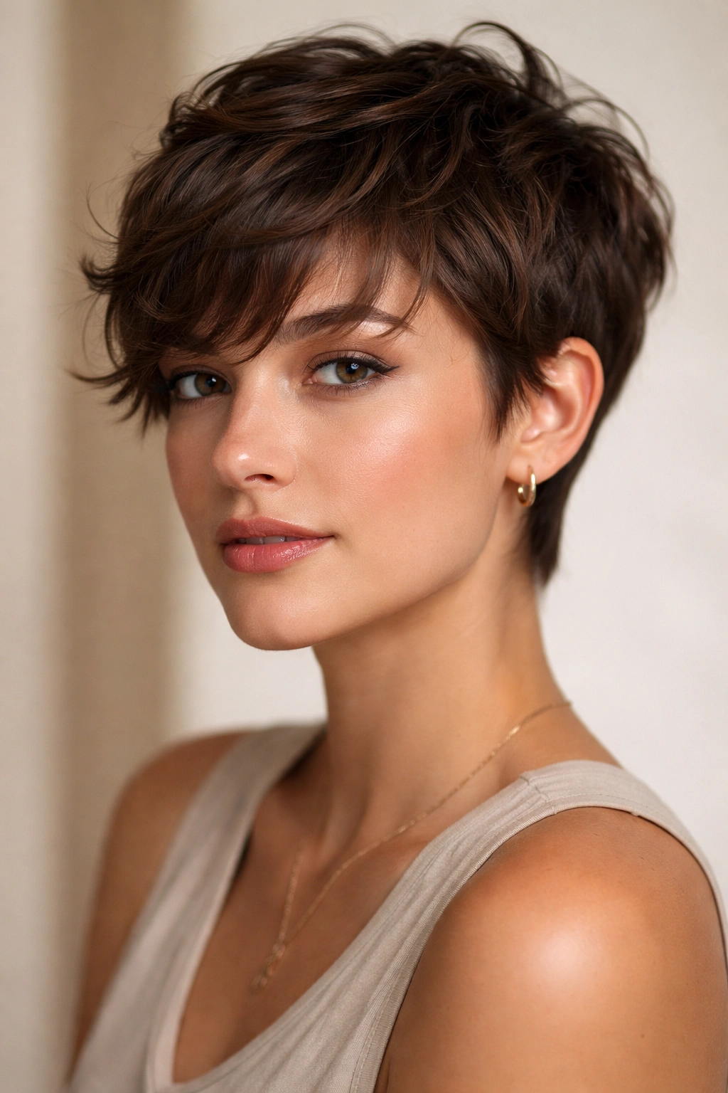 Close-up of grown-out pixie with textured bangs curling under in studio.