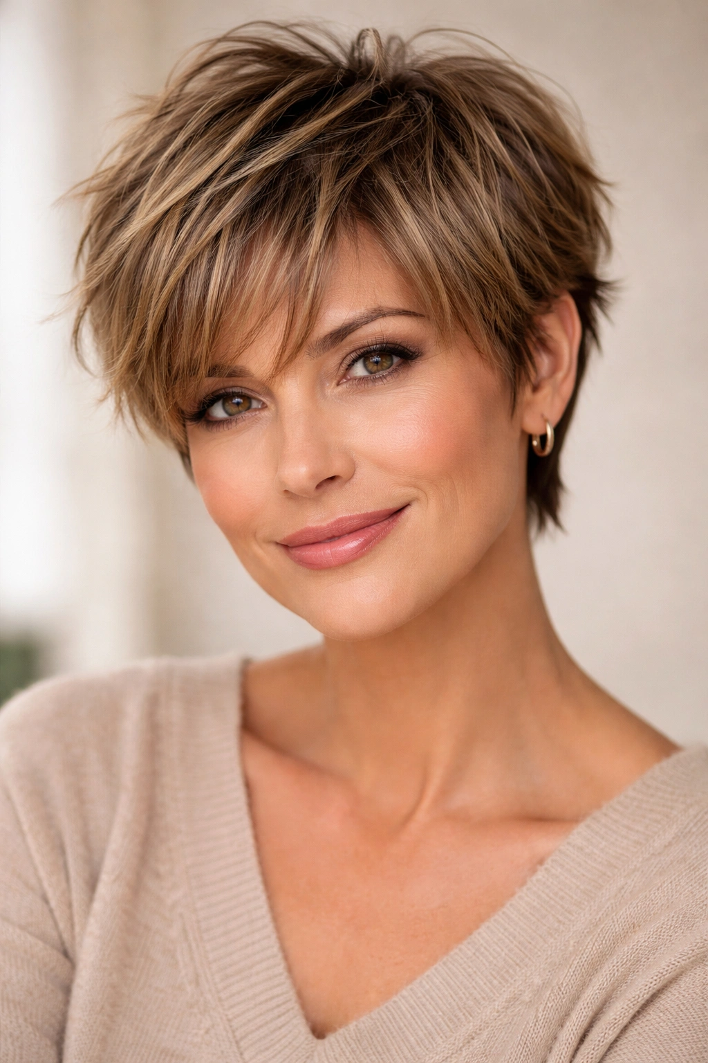 Portrait of a woman with Tousled Pixie and bangs showing soft fringe and textured layers.