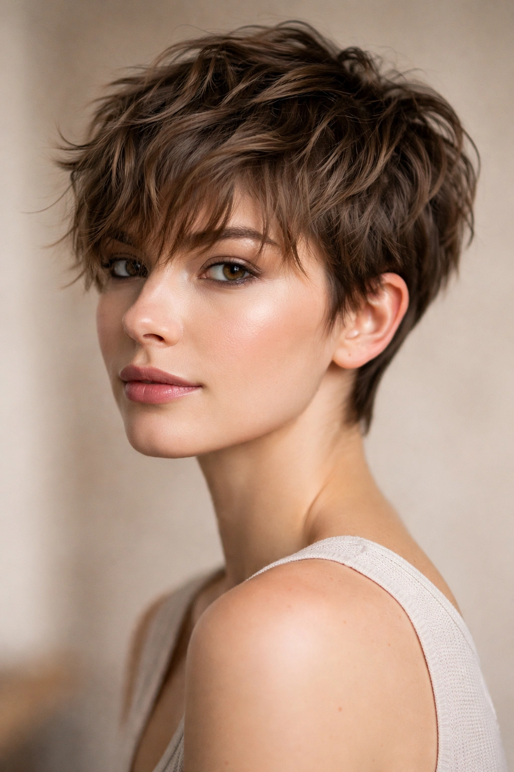 Wavy Pixie Cuts 12 Styles For Naturally Wavy Hair 1 Close-up of a wavy textured pixie crop with longer bangs