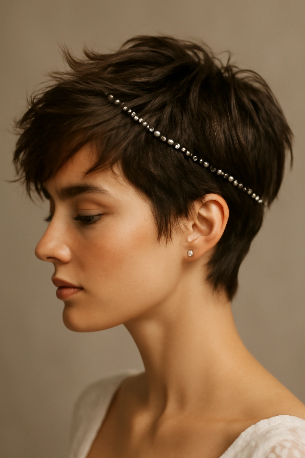 18 Wedding Hairstyles That Look Amazing on Short Hair 12 Tousled pixie hairstyle with a beaded hair chain across the crown
