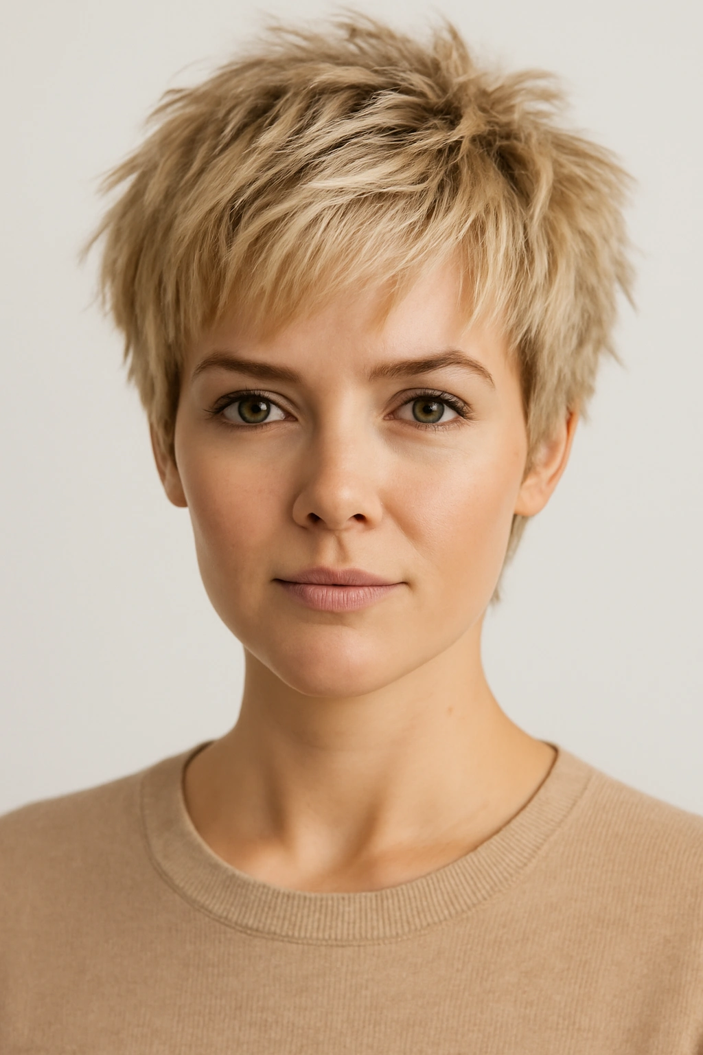 Close-up of a short textured blonde pixie showing dimensional layers