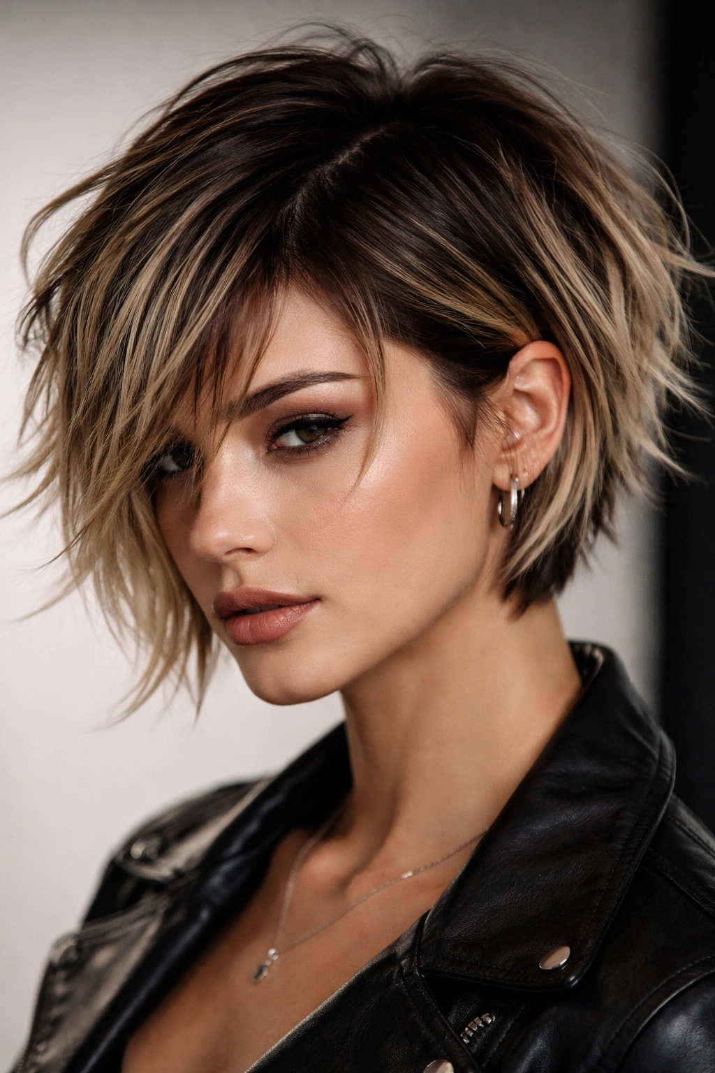 Short choppy pixie-bob with strategic root placement and bright ends.