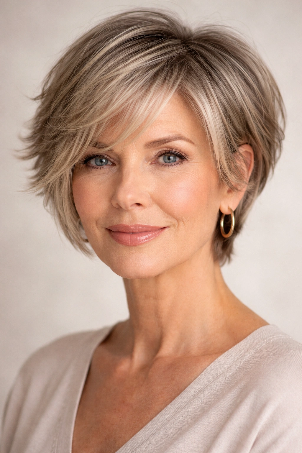 Portrait of a model with a face-framing pixie bob hairstyle showing longer top layers and short sides