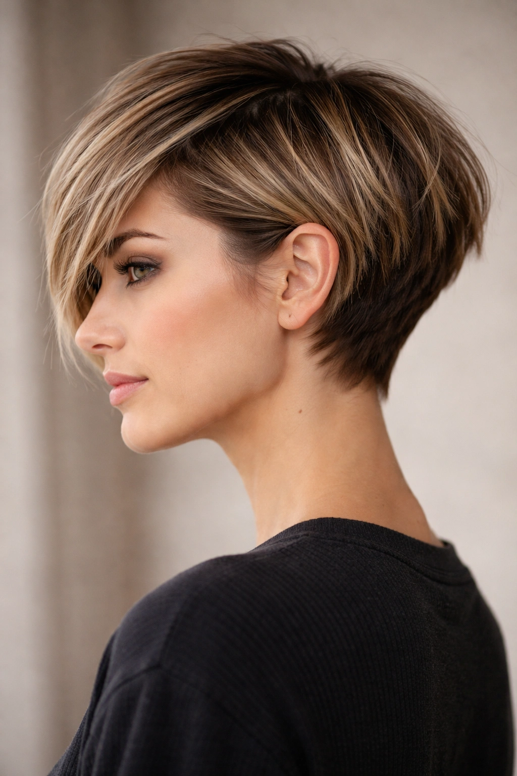 25 Medium Length Hairstyles For Women On The Go 19 Close-up of a pixie-bob blend hairstyle with a short back and longer textured front