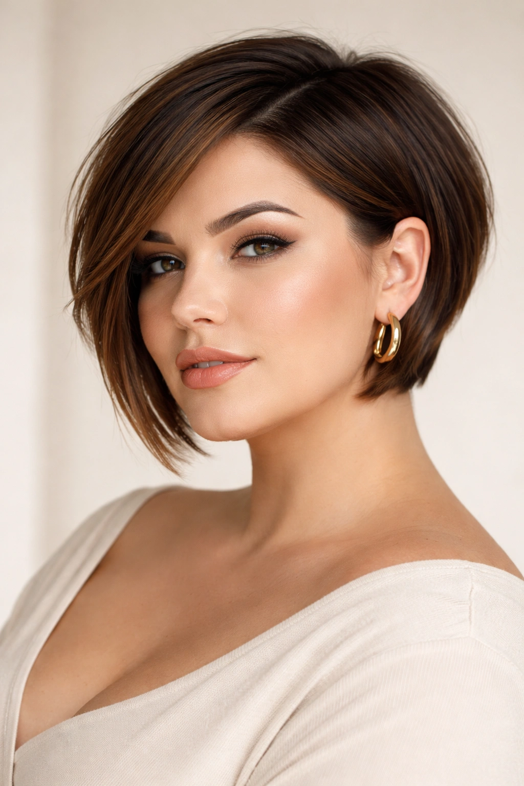 Close-up of chin-length pixie-bob hairstyle framing plus-size model's face.