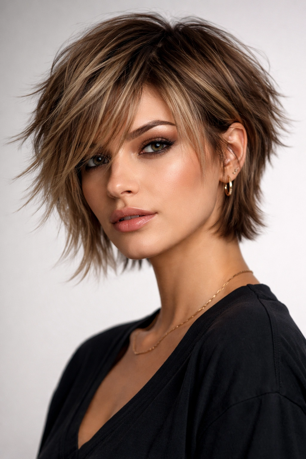 Choppy pixie-bob hybrid with layered, textured edges.