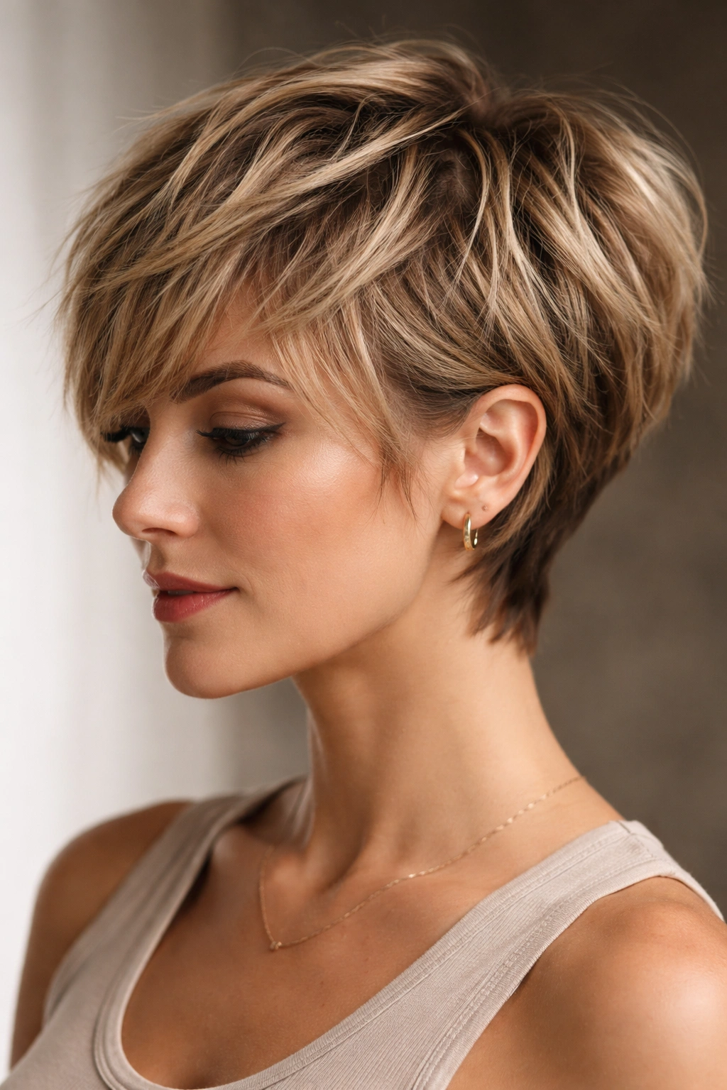 Close-up portrait of a head with choppy textured layers creating volume.
