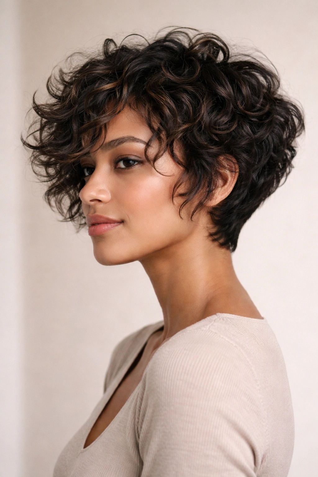 Close-up of a jaw-length angled pixie bob with defined curls