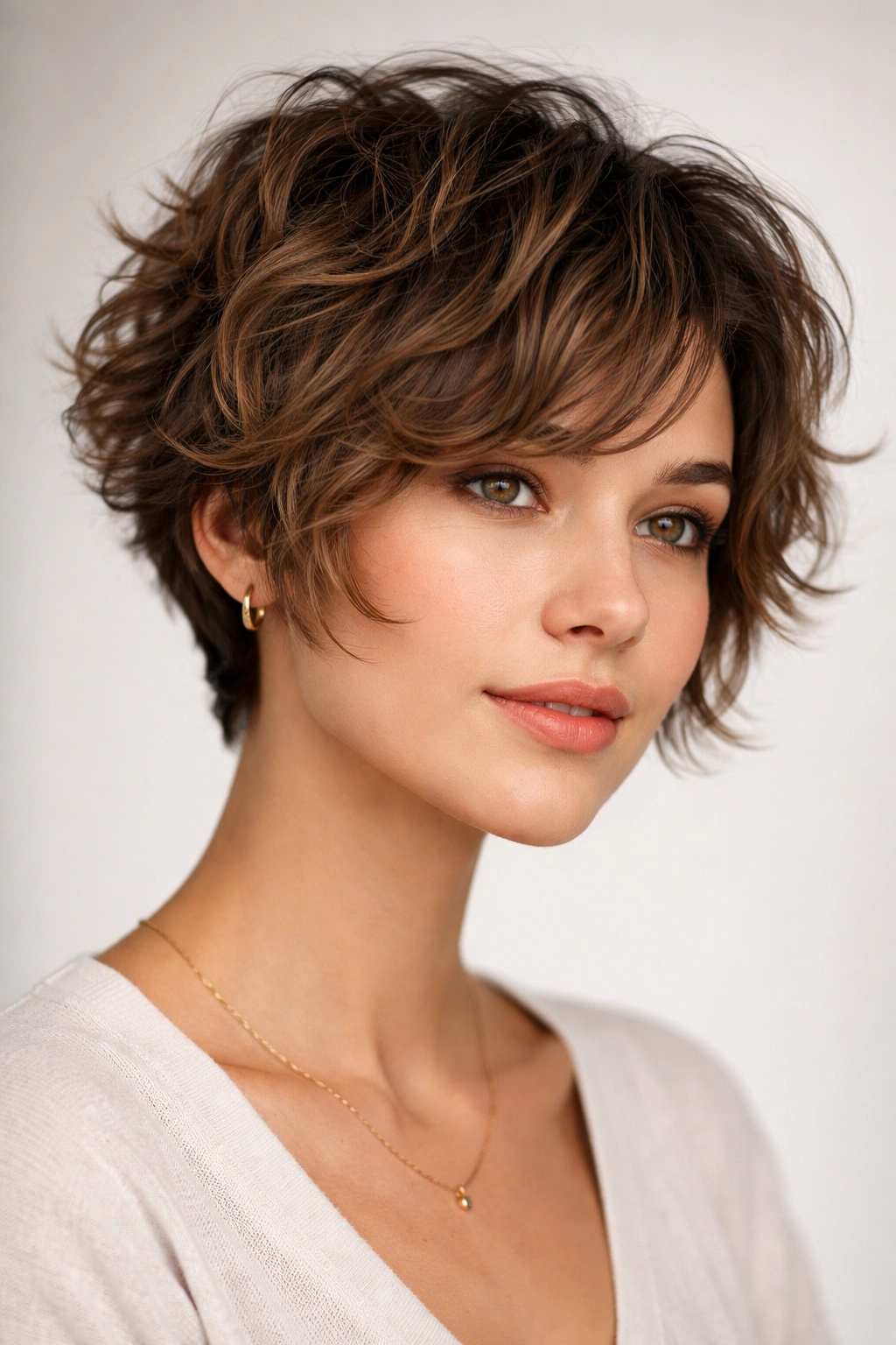 Choppy pixie-bob hybrid hairstyle on a head-and-shoulders portrait