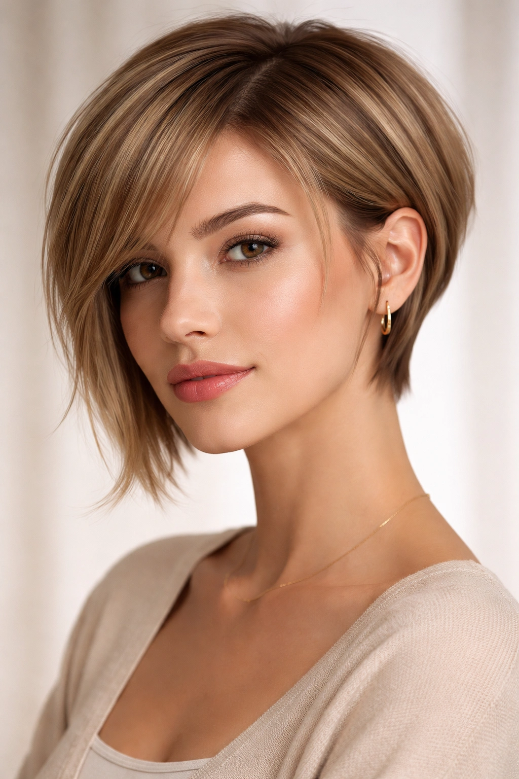 Portrait of a person with pixie bob extending to chin length and short back.