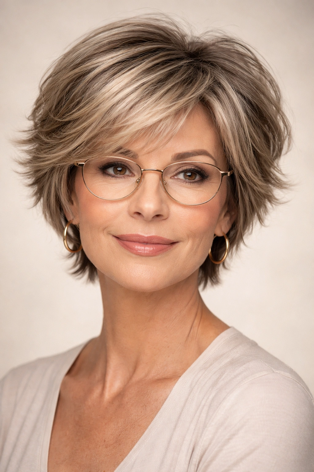 Close-up of a woman with a feathered pixie-bob haircut and glasses