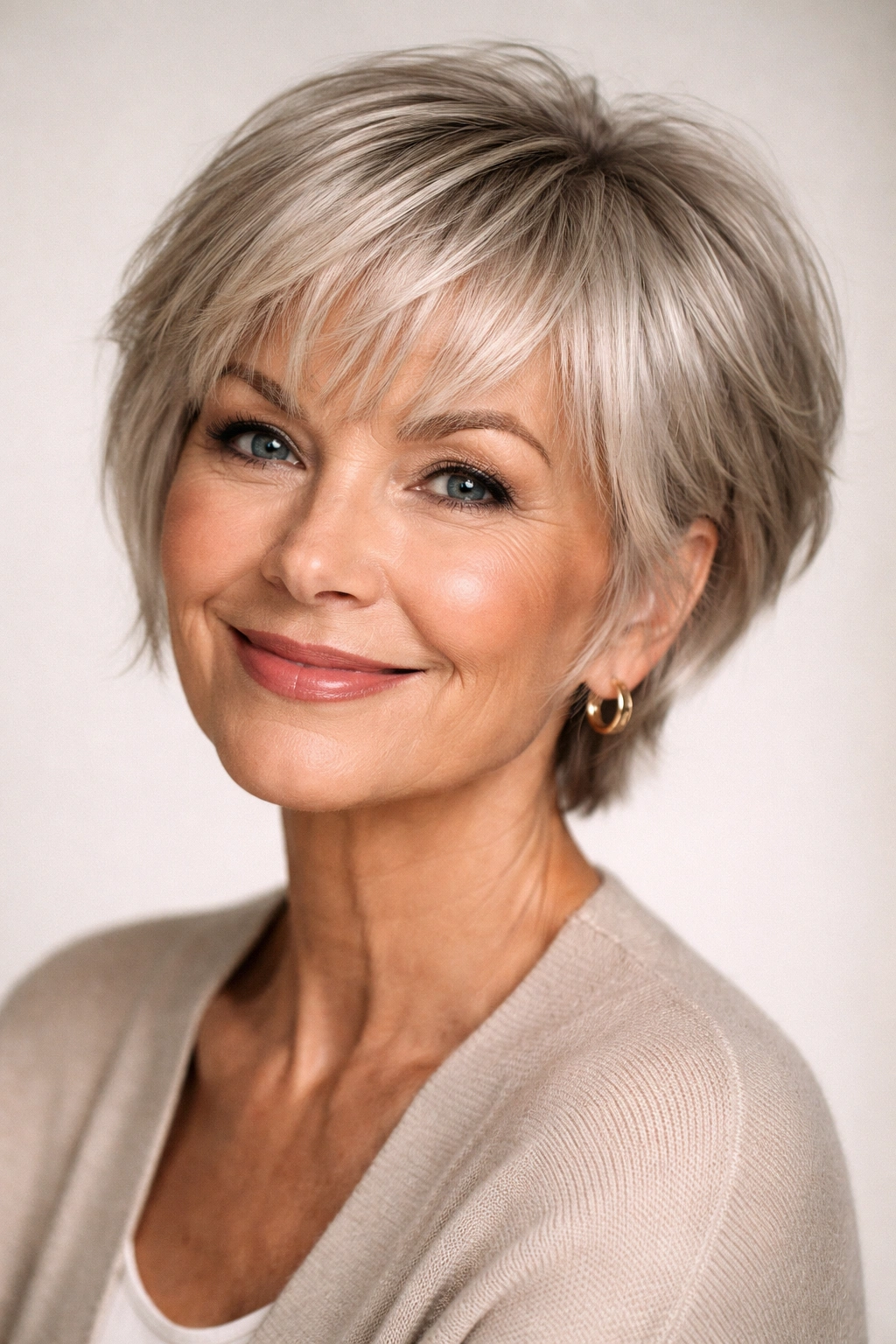 Mature woman with fringed pixie bob and soft fringe portrait