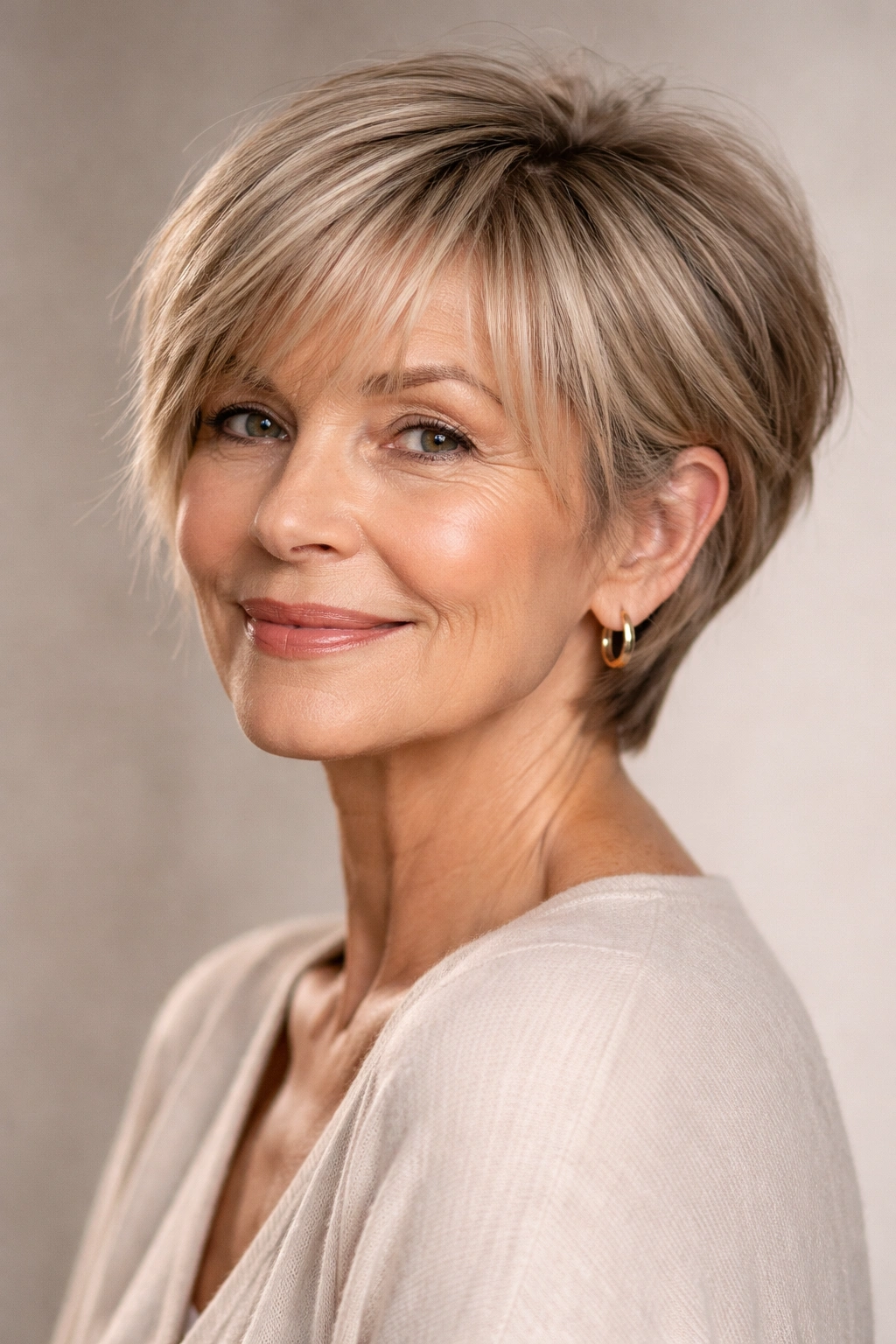 Portrait of a mature woman with a pixie bob and long soft fringe framing her cheekbones