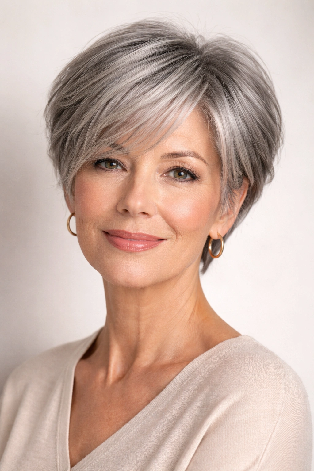 Gray-haired woman with face-framing pixie-bob hybrid hairstyle