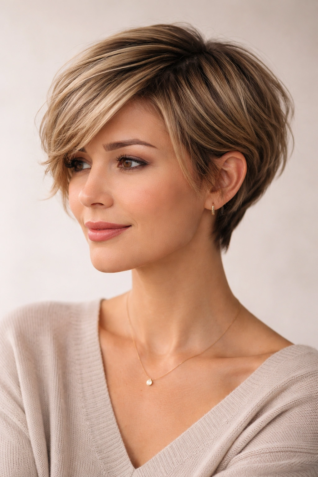 Grown-out pixie bob showing layered top and soft silhouette.