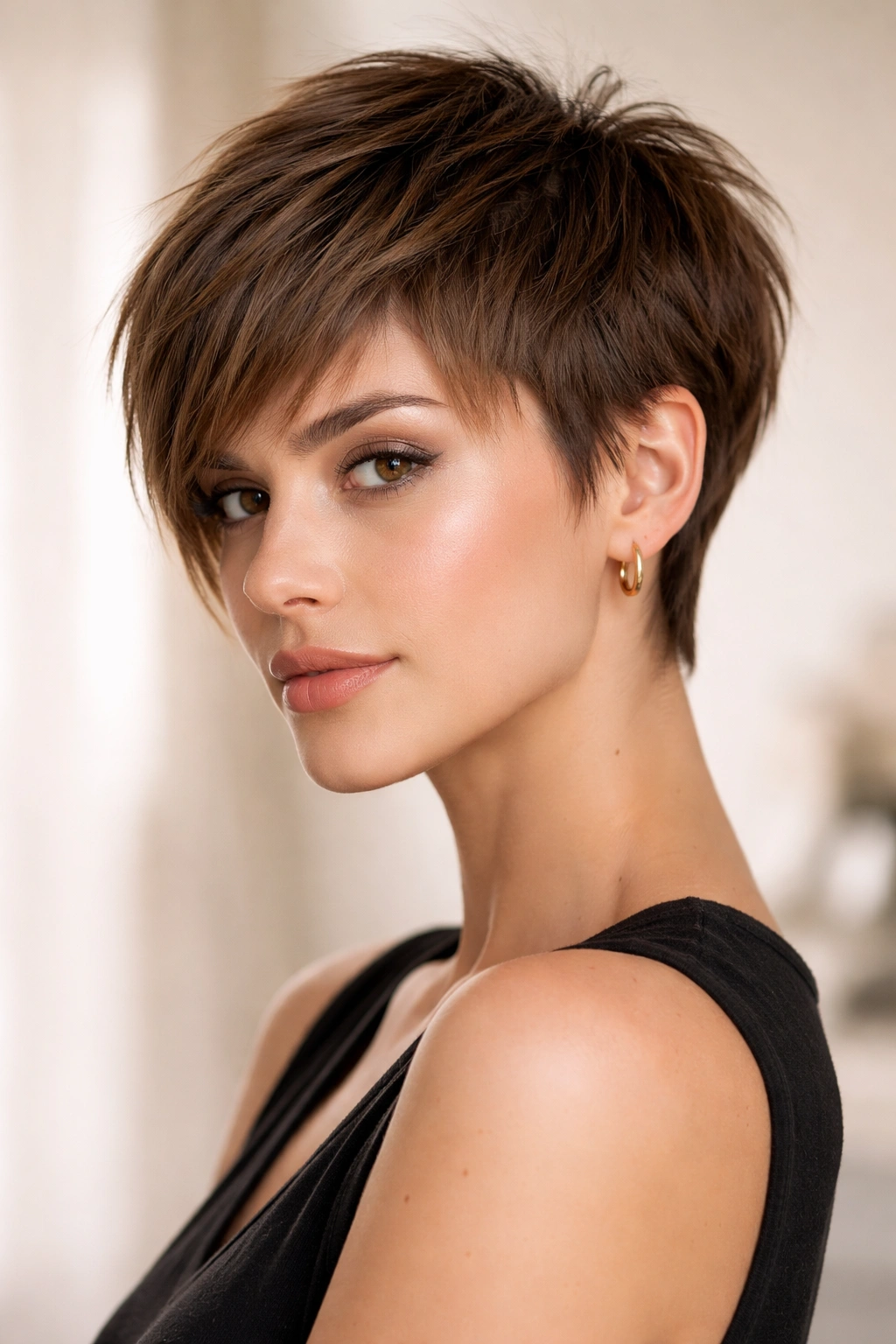 15 Awkward In Between Length Haircuts That Work 7 Close-up of pixie-bob haircut with short crown and longer front pieces.