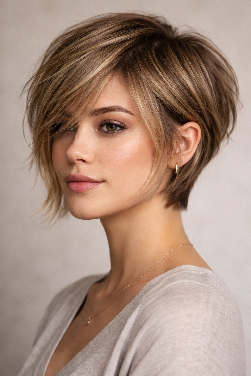Close-up of The Textured Pixie-Bob Hybrid hairstyle with chin-length front and tapered back