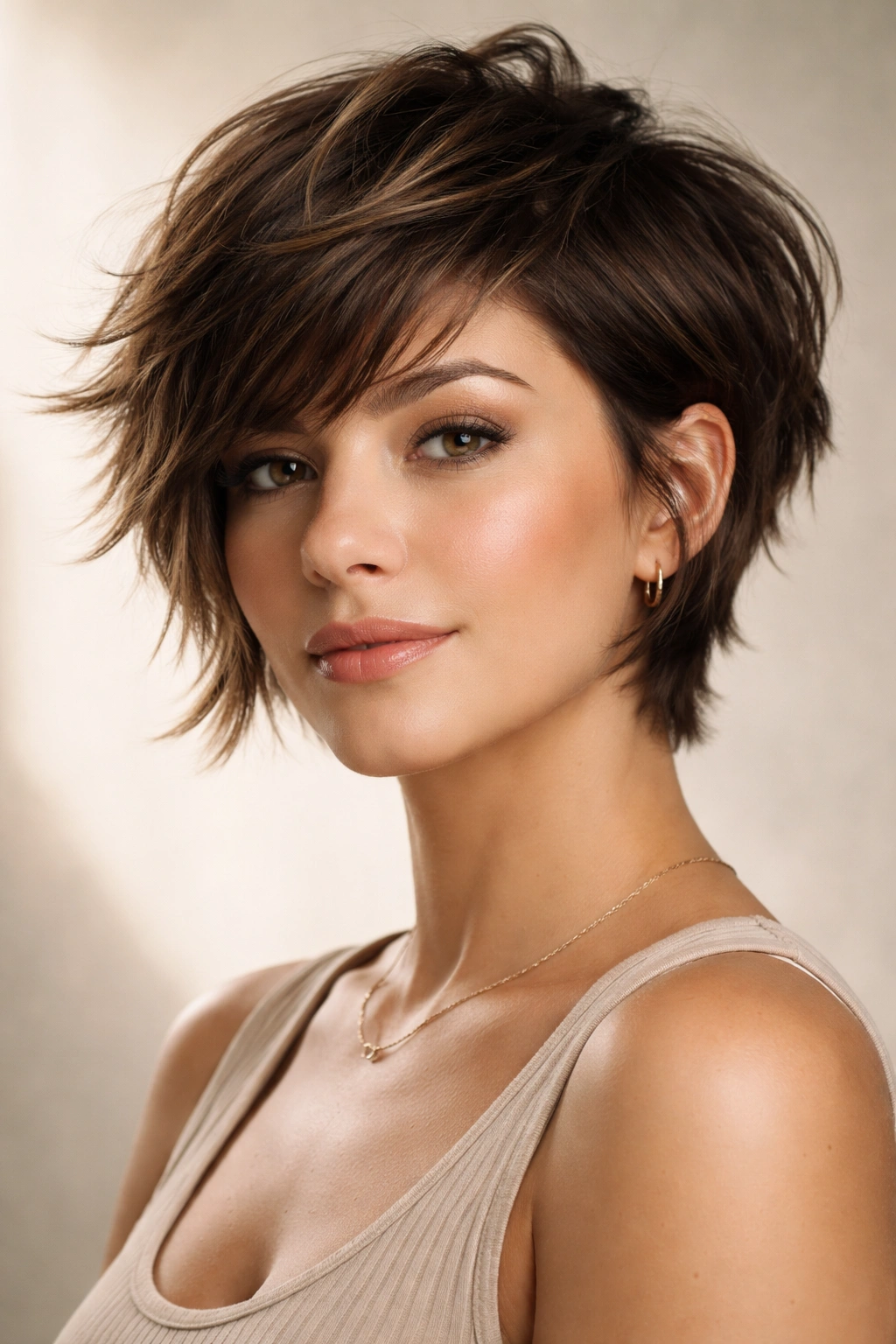 15 Slimming Haircuts That Flatter Fuller Faces 7 Choppy pixie-bob hairstyle with longer back and jagged crown layers on a model.