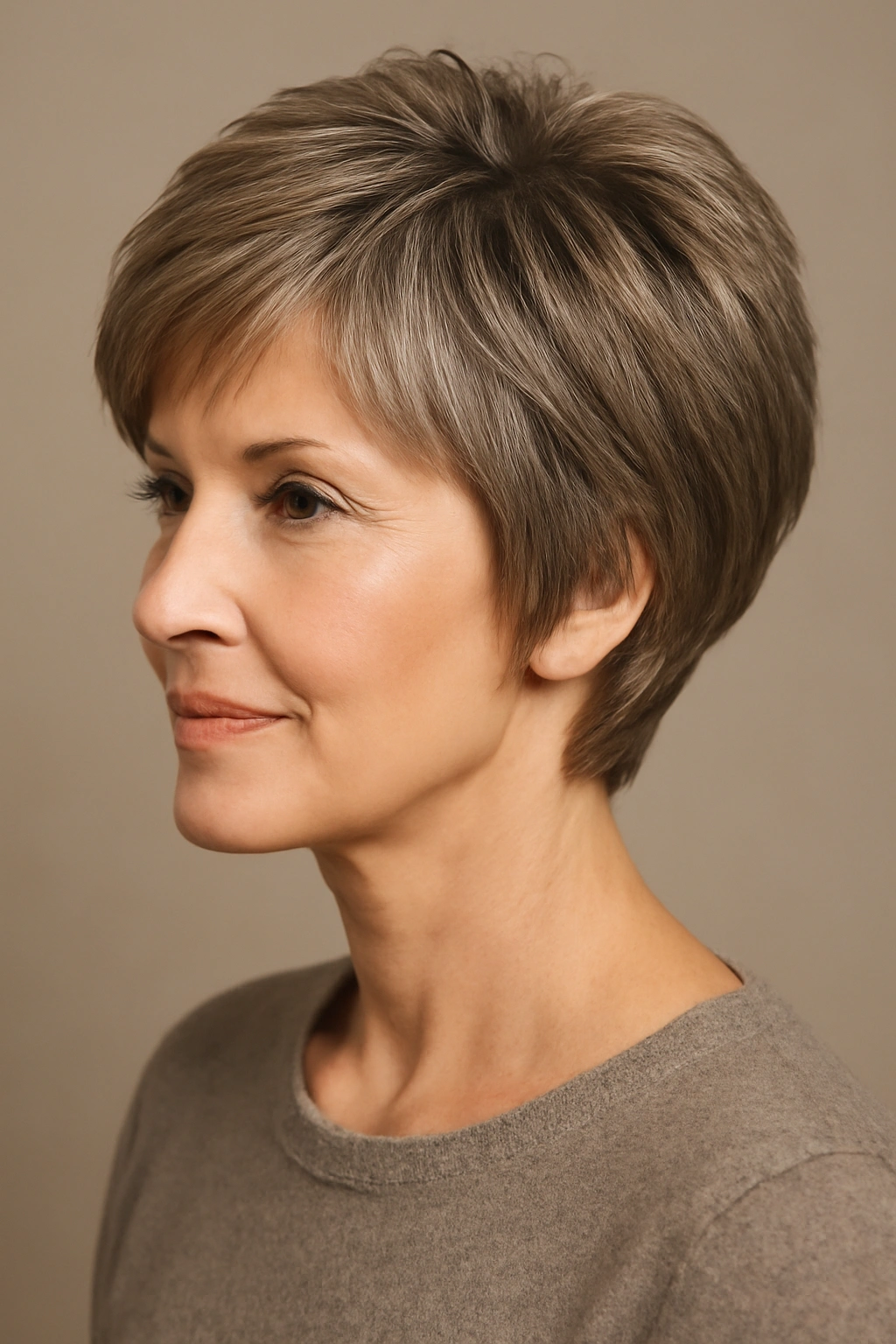 Pixie-Bob Hybrid hairstyle showing short textured crown with chin-length back in a studio portrait