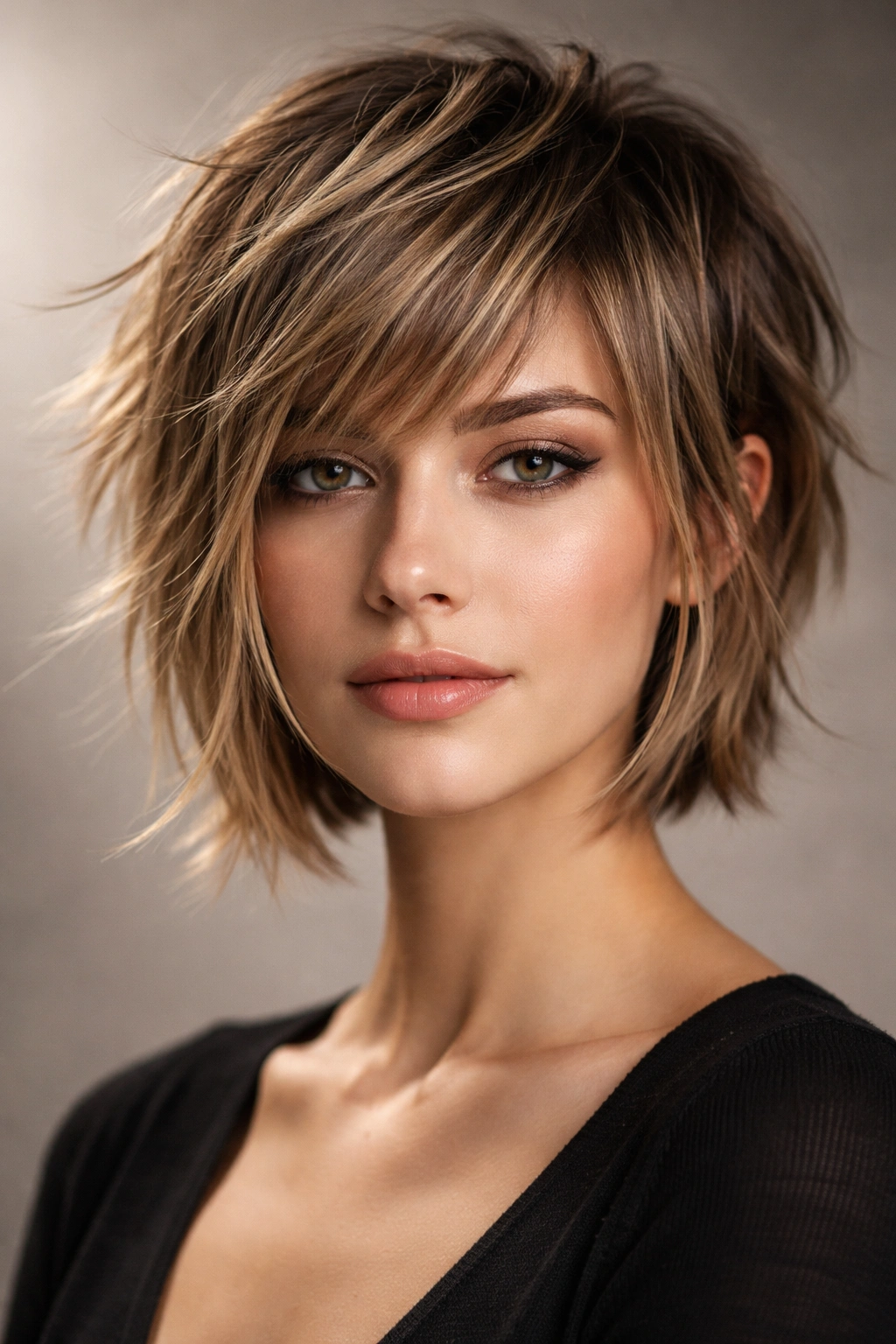 Front-facing portrait of a person with a choppy pixie-bob hybrid showing contrasting lengths