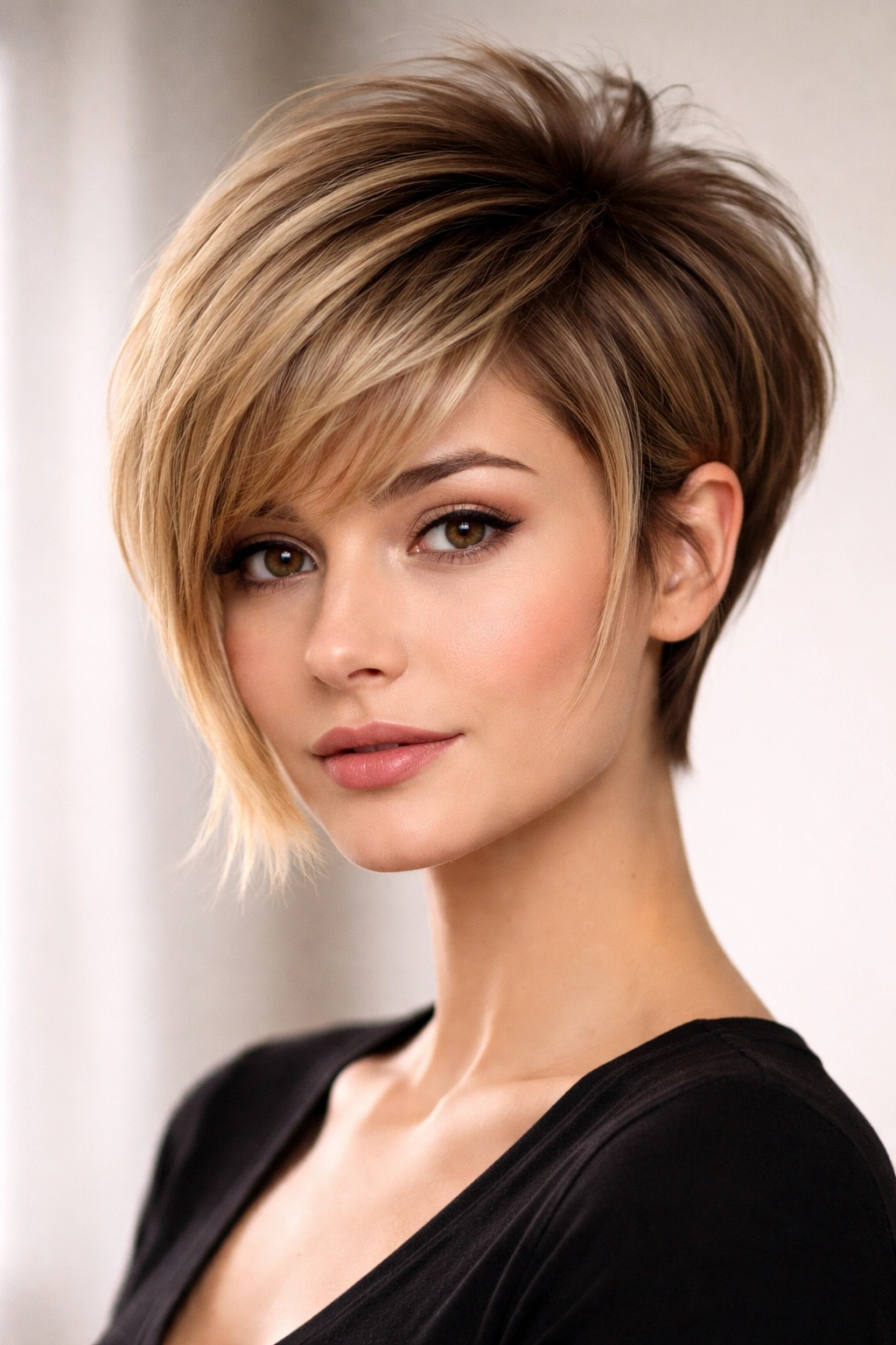 Pixie Bob Hybrid showing short crown and longer jawline length with high crown volume