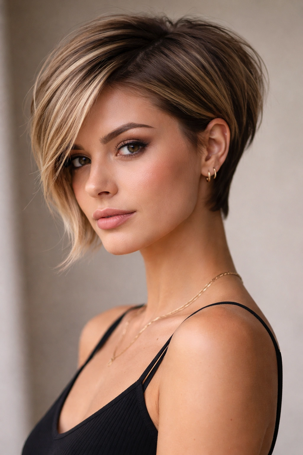 Front-view of a pixie-bob hybrid hairstyle with a short back and longer front pieces