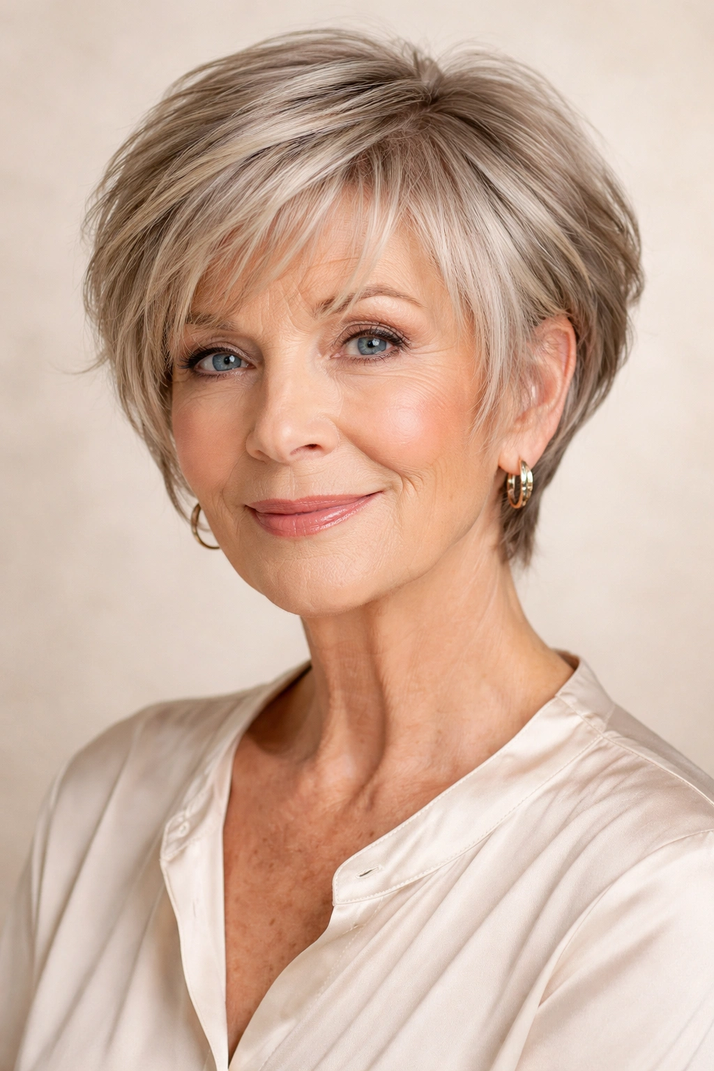 Close-up of a woman with a pixie bob hybrid hairstyle featuring cropped back and longer front pieces.
